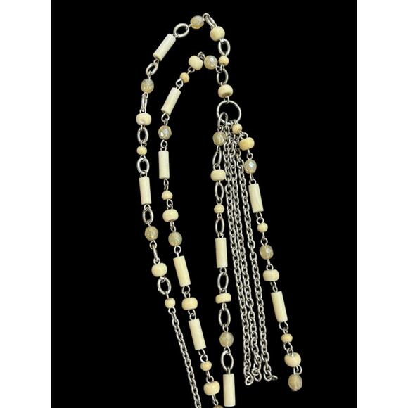 Silvertone Beaded Necklace 34 Inch 5 Inch Drop Cream Beads - Picture 4 of 9